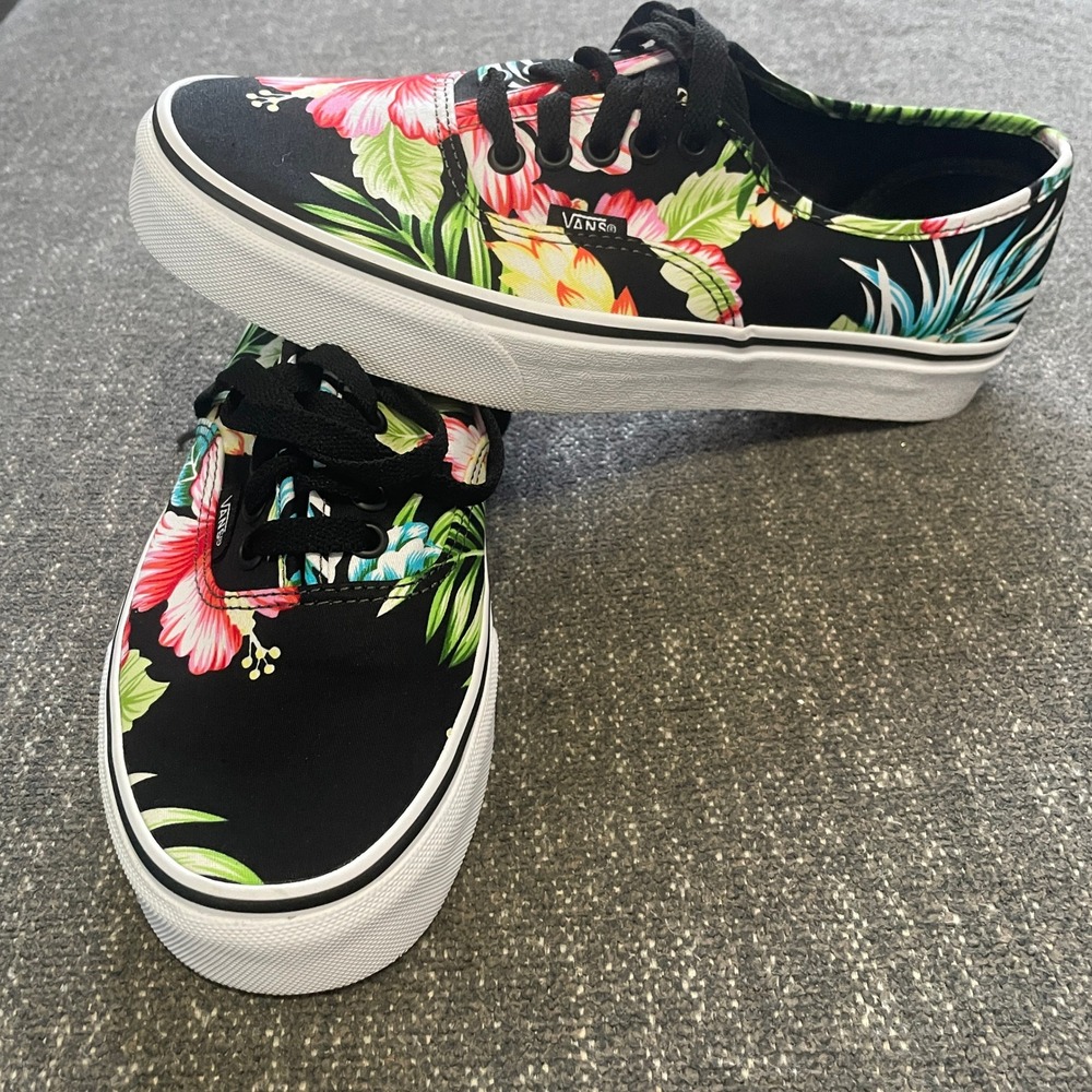 Vans Authentic Women Tropical Floral Hibiscus Black Canvas Low Top Shoes